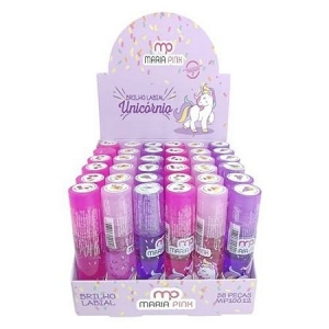 Brilho Labial Unicórnio Maria Pink – Box com 36 unidades, Aroma Frutas