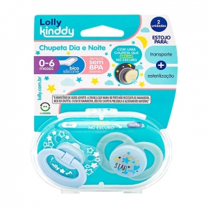 Lolly Star Dia & Noite – Kit Chupeta Ortodôntica Silicone Tamanho 1 (0–6 meses), Azul – 2 Unidades