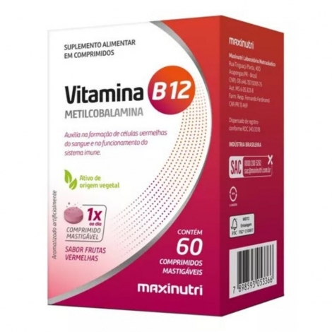 Vitamina B12 Frutas Vermelhas Maxinutri Caixa 60 Comprimidos Mastigáveis