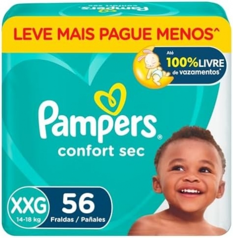 Fralda Pampers Confort Sec XXG – Proteção Noturna Econômica 56 Unidades