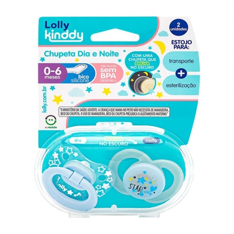 Lolly Star Dia & Noite – Kit Chupeta Ortodôntica Silicone Tamanho 1 (0–6 meses), Azul – 2 Unidades